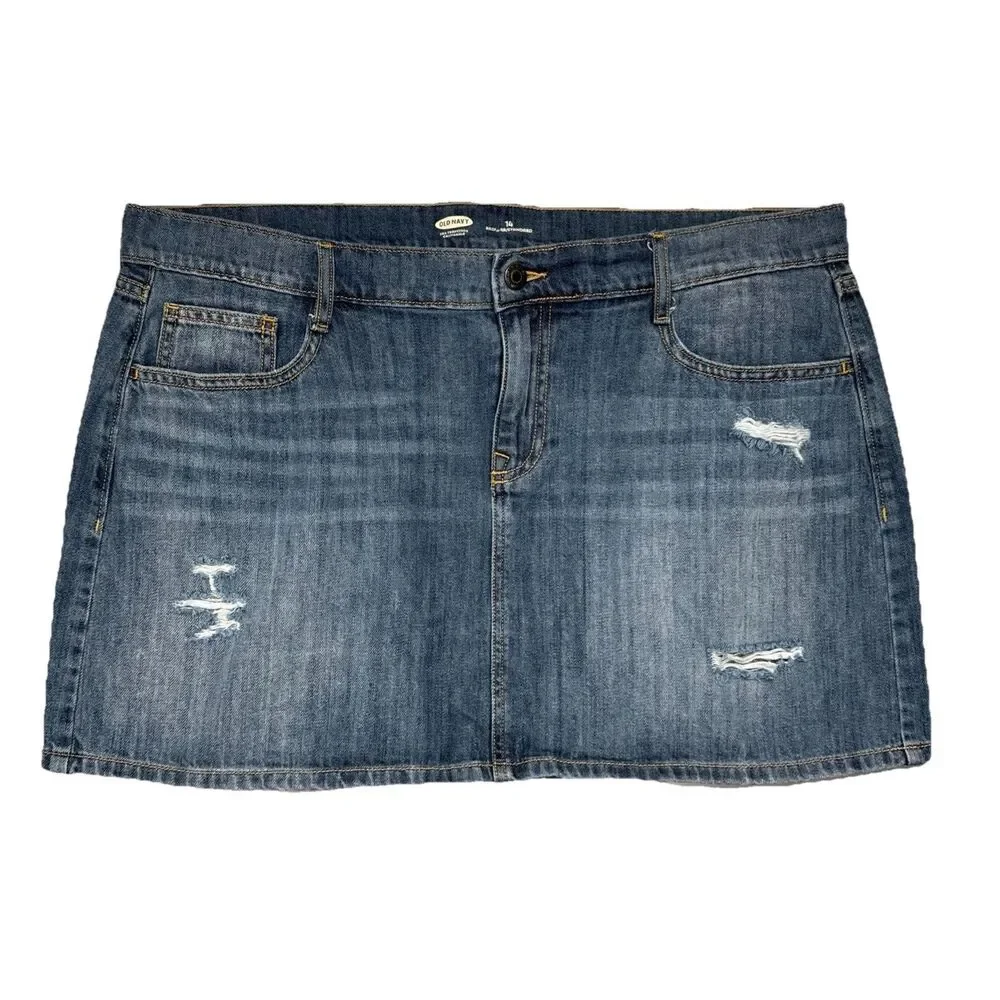 Old Navy Denim Mini Skirt 14 (W36 Length 15) Blue Cotton Distressed Womens